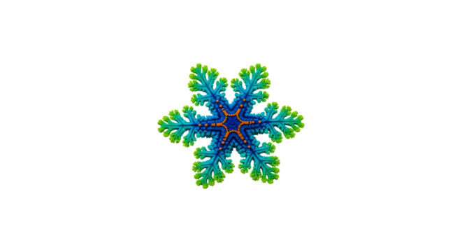 Intricate fractal snowflake with blue, green, and orange colors isolated on transparent background, representing winter and mathematical art