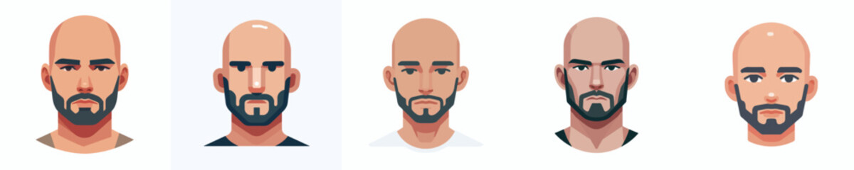 Vector Avatar of a bald man's face with a thin beard, medium skin, serious expression