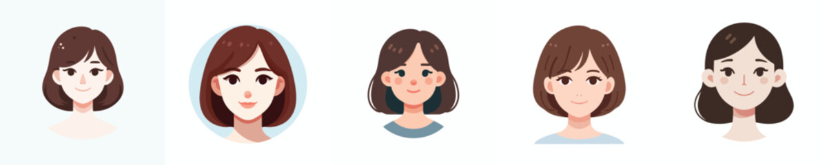 Vector Avatar of a woman's face with brown bob hair, white skin, gentle smiling expression