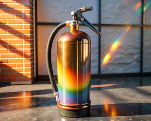 Shiny metallic fire extinguisher reflecting rainbow light against modern wall / Extintor metálico brillante reflejando luz arcoíris frente a pared moderna