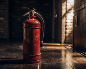 Vintage fire extinguisher standing in rustic interior with warm sunlight / Extintor antiguo de fuego en interior rústico con luz cálida