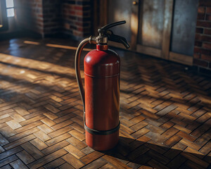 Fire extinguisher on polished wooden floor inside industrial building / Extintor de fuego sobre piso de madera pulida dentro de edificio industrial
