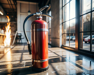 Vintage fire extinguisher in rustic interior with sunlight reflection / Extintor vintage en interior rústico con reflejo de luz solar.
