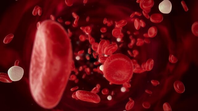 3D animation video of red blood cells and white blood cells moving inside a blood vessel, representing human circulatory system, healthcare, and medical science.