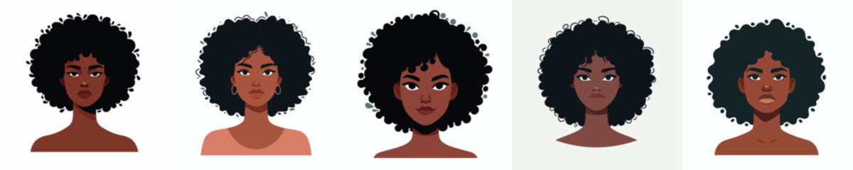 Vector Avatar of a woman's face with afro curly hair, dark skin, confident expression