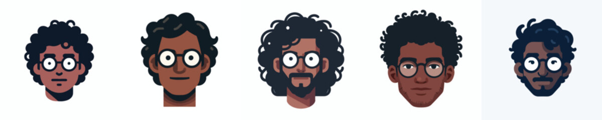 Vector Avatar of a dark-skinned man with medium curly hair, wearing round glasses