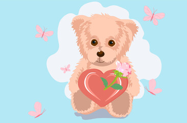 Valentine day teddy bear love heart. Cute Teddy Bear with heart on a blue background.