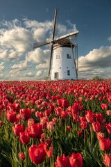 A vibrant windmill stands amidst a sea of radiant red tulips under a vast sky, evoking the beauty of a blooming landscape.