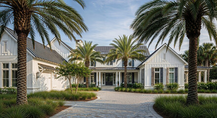 Tropical luxury residence with palm trees elegant white architecture and stone driveway in bright daylight