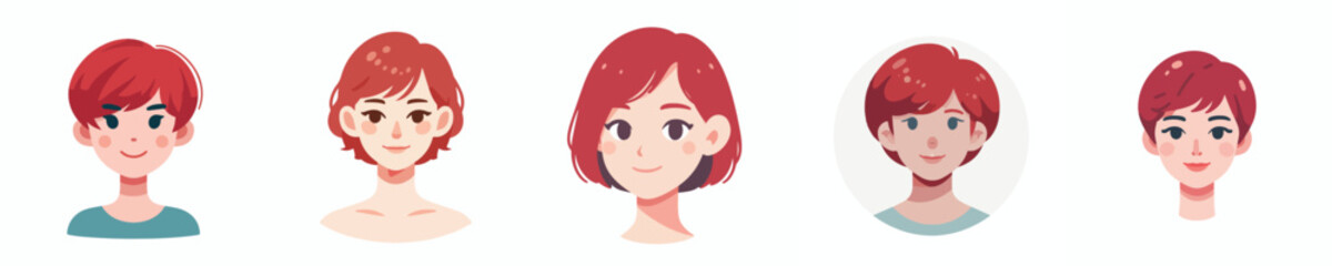 Vector Avatar of a woman's face with short red pixie hair, pale skin, small smiling expression
