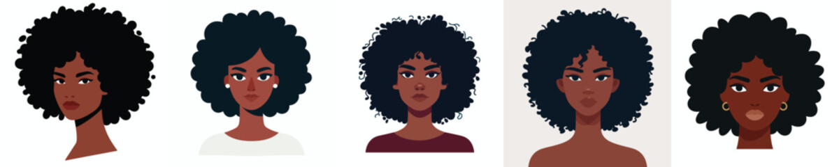 Vector Avatar of a woman's face with afro curly hair, dark skin, confident expression