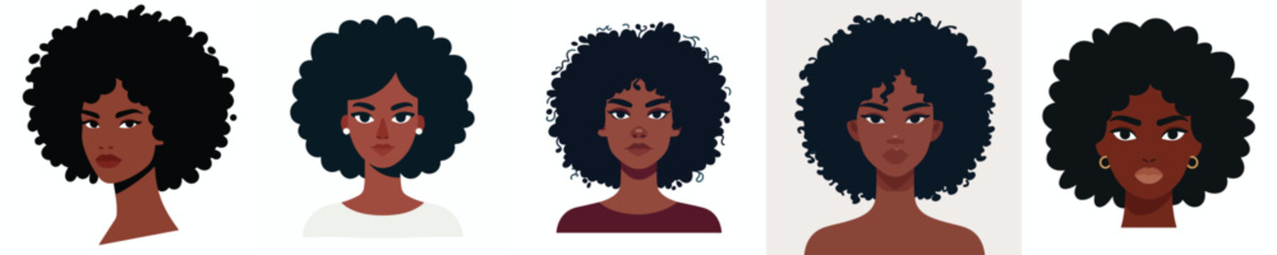 Vector Avatar of a woman's face with afro curly hair, dark skin, confident expression