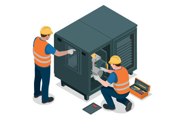 Two construction workers in hard hats and safety vests inspecting and maintaining a large industrial equipment cabinet outdoors.