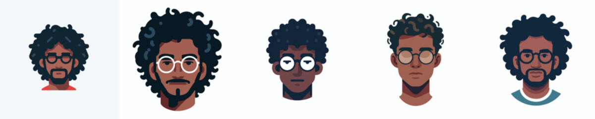 Vector Avatar of a dark-skinned man with medium curly hair, wearing round glasses