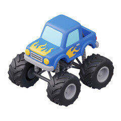 Obraz premium Blue toy monster truck with flames on hood isolated on transparent background