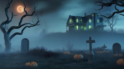 Haunted house on a hill in a foggy graveyard with pumpkins and a full moon.
