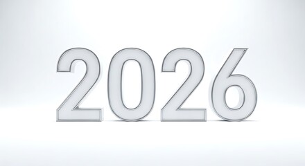 Clean White 3D Numbers 2026 with Subtle Metallic Silver Outline on White Background new year