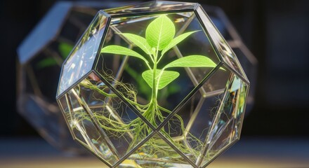 Small Green Plant Growing Inside Geometric Glass Terrarium with Visible Roots