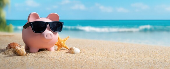 The pink piggy bank enjoying a sunny day at the beach with sunglasses.