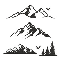 Three Black Silhouette Mountain Ranges with Birds and Pine Trees on a White Background mountains