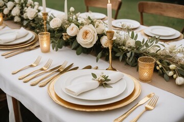 Fototapeta premium Eleganter Hochzeitstisch mit goldenen Akzenten und floralen Details