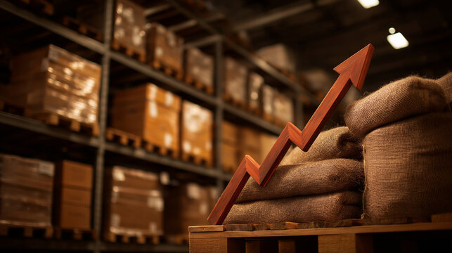 Warehouse Growth: An upward trending arrow superimposed against a backdrop of a bustling warehouse filled with goods.