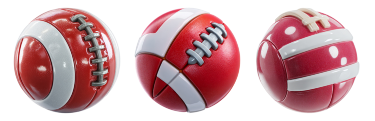 Three Unique Red Sport Balls on Transparent Background Isolated