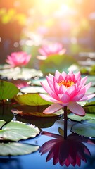 Pink lotus flowers in a serene pond at sunrise