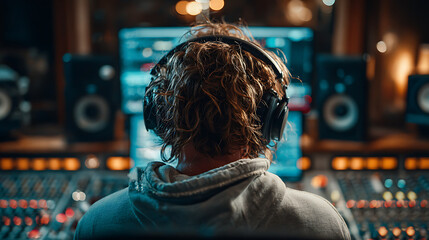 music producer in recording studio wears headphones working on audio tracks mixing sound adjusting equipment capturing professional creative environment