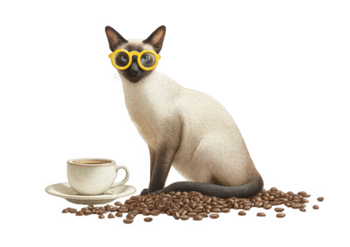 A cute siamese cat wearing yellow glasses sits on a pile of coffee beans next to a cup of coffee, isolated on transparent background