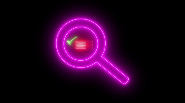 Neon search icon animation. outline neon magnifying glass icon on black background.Glowing neon magnifying Glass Icon animation.neon sign Magnifying glass zoom icon,scanning a list with a check mark.