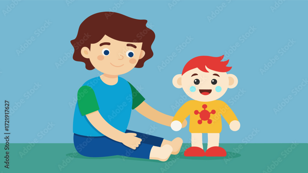Poster a child with autism using a personalized therapy doll to learn social skills practicing greetings an