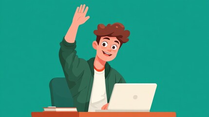 Flat design boy raising hand in front of laptop for online participation illustration