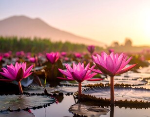 Pink lotus flowers in a sunrise landscape