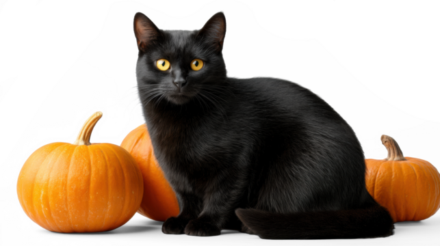 Halloween Cat with Pumpkins on a Transparent Background