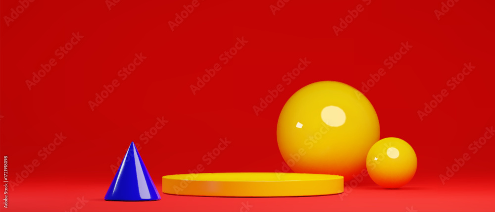 Aufkleber bright yellow podium with glossy spheres and blue pyramid on vivid red background - colorful geometr