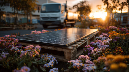 renewable solar panel on wooden pallet with vibrant flowers in foreground delivery truck in sunset background showcasing clean energy sustainable transportation