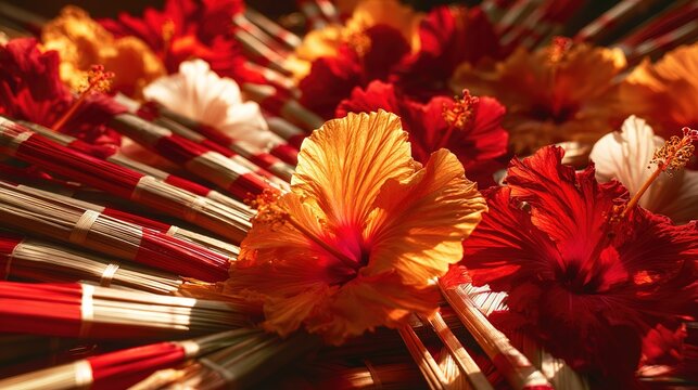 Malaysia National Day concept with hibiscus flowers and traditional ketupat, red-white background, warm sunlight