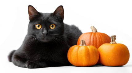 Black Cat with Pumpkins on Halloween on Transparent Background