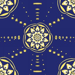 Dark blue and golden seamless pattern with stars and floral 