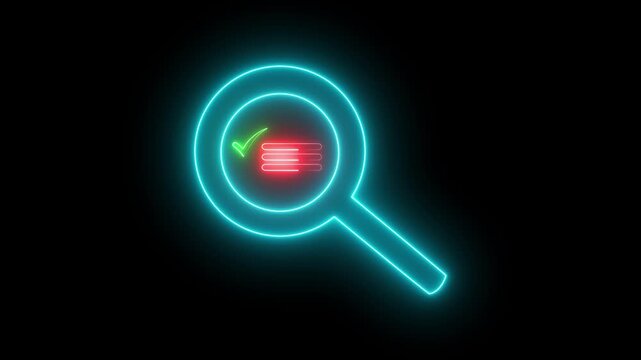Neon search icon animation. outline neon magnifying glass icon on black background.Glowing neon magnifying Glass Icon animation.neon sign Magnifying glass zoom icon,scanning a list with a check mark.