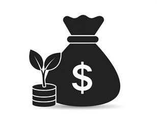 Money bag with sprout and coins.  Simple graphic