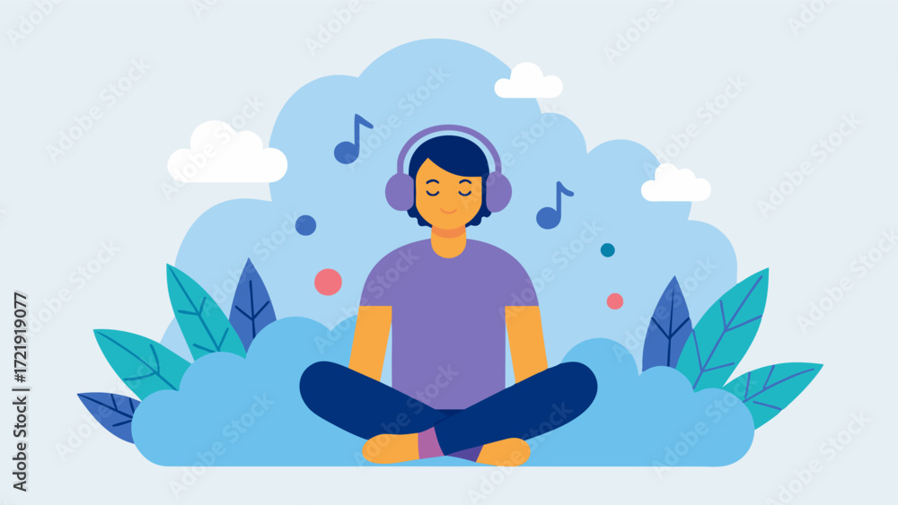 Poster a person with depression finding relief and improved mood through listening to calming and uplifting