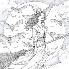 Detailed witch with broom, bats flying around, Halloween adult coloring sheet,