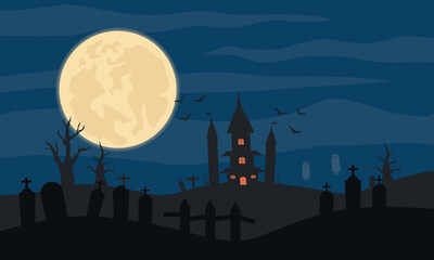 Halloween background with spooky cemetery, castle under full moon. Perfect for halloween party invitations, posters, decorations, and social media.