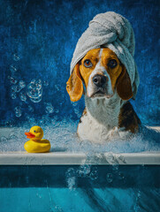 Beagle enjoys a relaxing bath with bubbles and a rubber duck in a bright blue tub