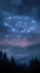 Fototapeta premium Majestic Night Sky Over Misty Forest - Starry Landscape Painting, Dreamy Atmosphere.