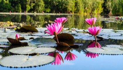 Pink lotus flowers on a pond