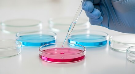 Fototapeta premium A gloved hand uses a pipette to drip liquid into a petri dish containing a pink substance, surrounded by other petri dishes with blue substances, representing experimentation and scientific