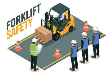 Forklift safety training scene with operators and workers demonstrating proper material handling procedures